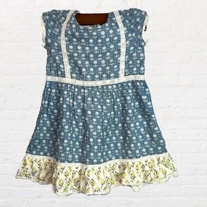 Mini Boden Dress Size 3t 4t Blue Floral‎ Buttons Linen Blend Prairie Lined